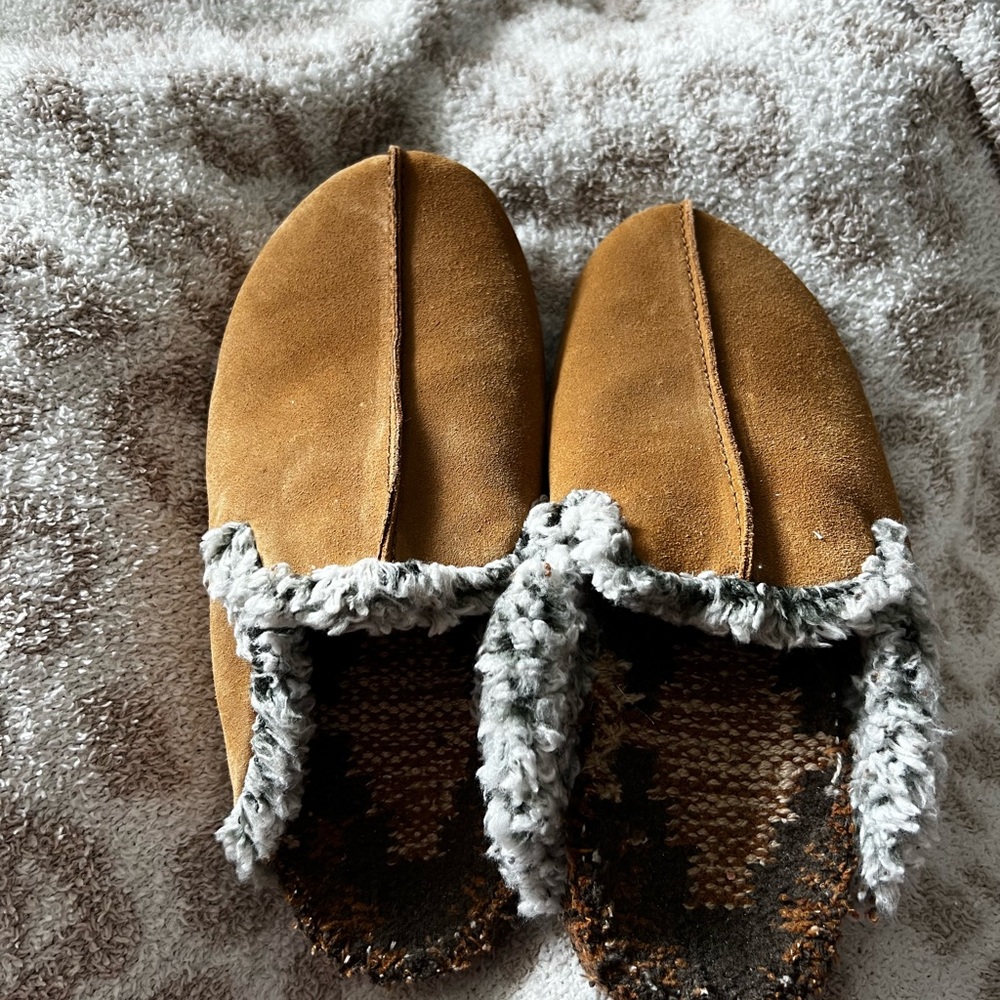 Free People Tan Faux-Suede Mule Slippers with Shearling Trim